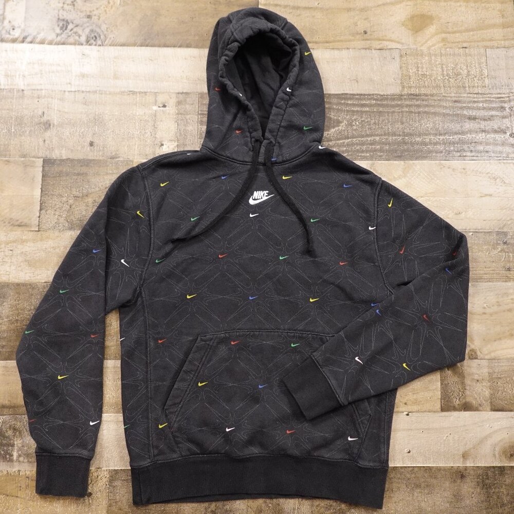 Nike Swoosh Multicolor Print Hoodie Black Size Small Retro 90's Style AOP Print